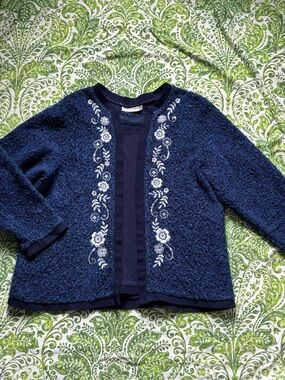 Embroidered Navy Bouclé Cardigan Sweater